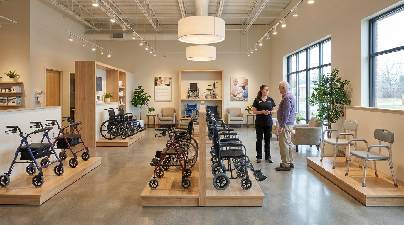 Durable medical equipment showroom with wheelchairs and mobility aids