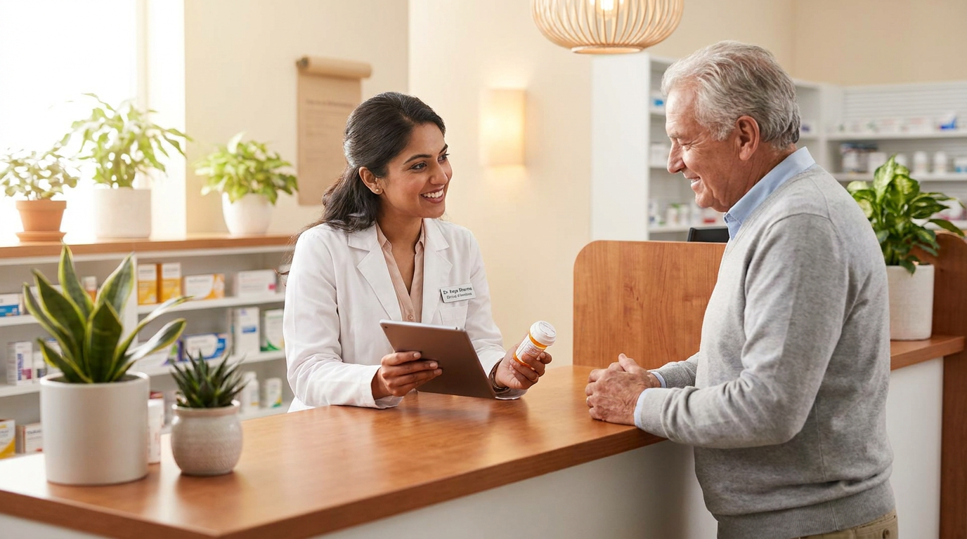 Pharmacist consulting with a patient at the counter