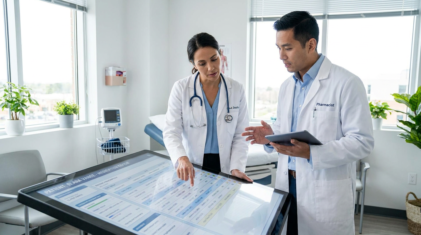 Pharmacist and physician reviewing a patient's medication chart
